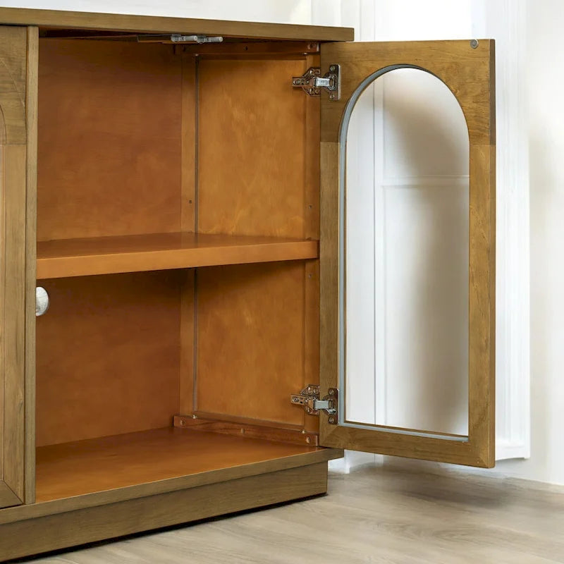 4-Door Large Storage Buffet Cabinet with Glass Doors, Adjustable Shelves and Arched Design for Kitchen, Dining Room