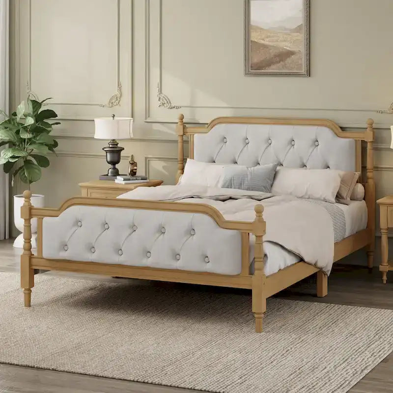 Traditional Style Solid Wood Bed Frame with Upholstered Tufted Headboard,No Box Spring Needed,Full Size, Antique Walnut