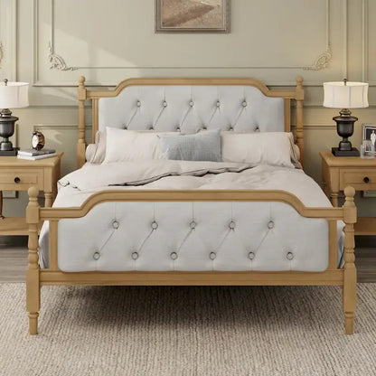 Traditional Style Solid Wood Bed Frame with Upholstered Tufted Headboard,No Box Spring Needed,Full Size, Antique Walnut