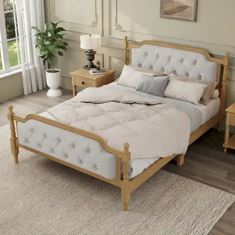 Traditional Style Solid Wood Bed Frame with Upholstered Tufted Headboard,No Box Spring Needed,Full Size, Antique Walnut