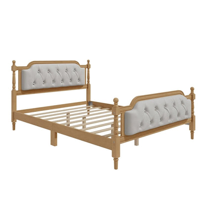 Traditional Style Solid Wood Bed Frame with Upholstered Tufted Headboard,No Box Spring Needed,Full Size, Antique Walnut
