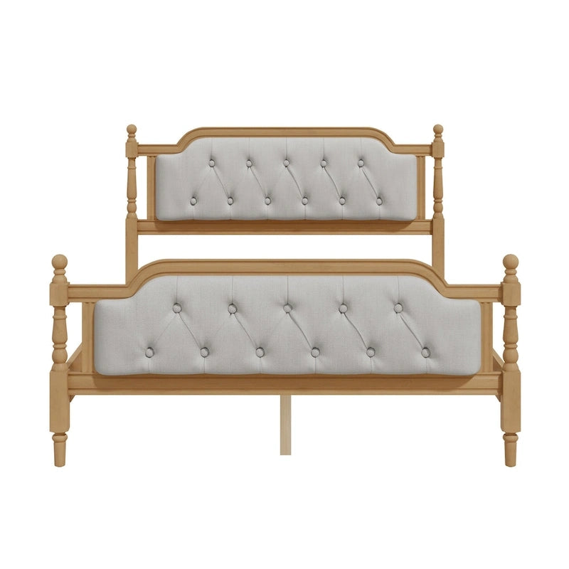 Traditional Style Solid Wood Bed Frame with Upholstered Tufted Headboard,No Box Spring Needed,Full Size, Antique Walnut