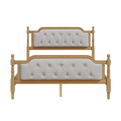 Traditional Style Solid Wood Bed Frame with Upholstered Tufted Headboard,No Box Spring Needed,Full Size, Antique Walnut