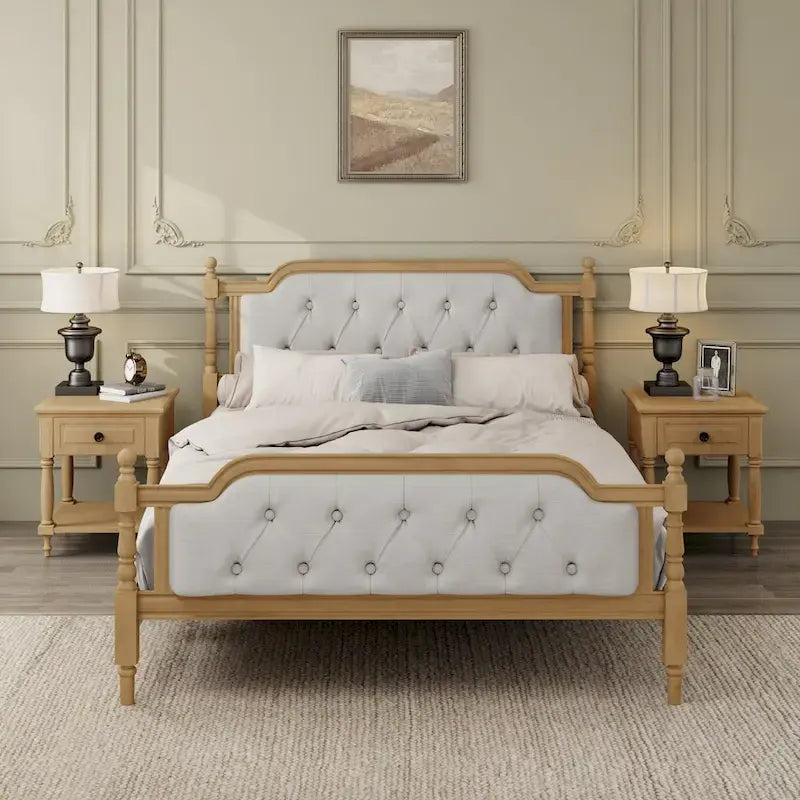 Traditional Style Solid Wood Bed Frame with Upholstered Tufted Headboard,No Box Spring Needed,Full Size, Antique Walnut