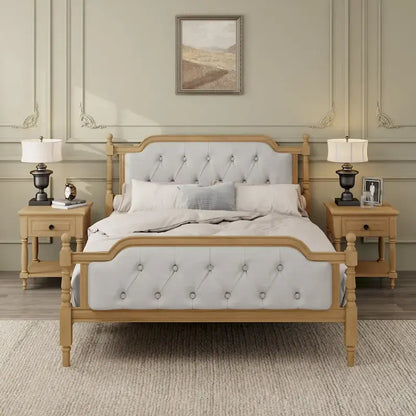 Traditional Style Solid Wood Bed Frame with Upholstered Tufted Headboard,No Box Spring Needed,Full Size, Antique Walnut