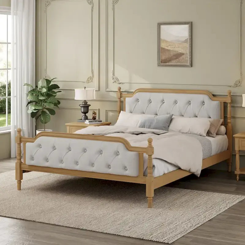 Traditional Style Solid Wood Bed Frame with Upholstered Tufted Headboard,No Box Spring Needed,Full Size, Antique Walnut