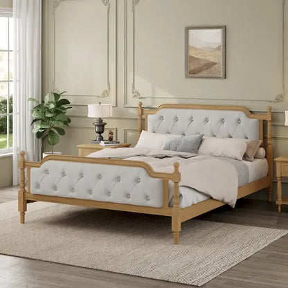 Traditional Style Solid Wood Bed Frame with Upholstered Tufted Headboard,No Box Spring Needed,Full Size, Antique Walnut