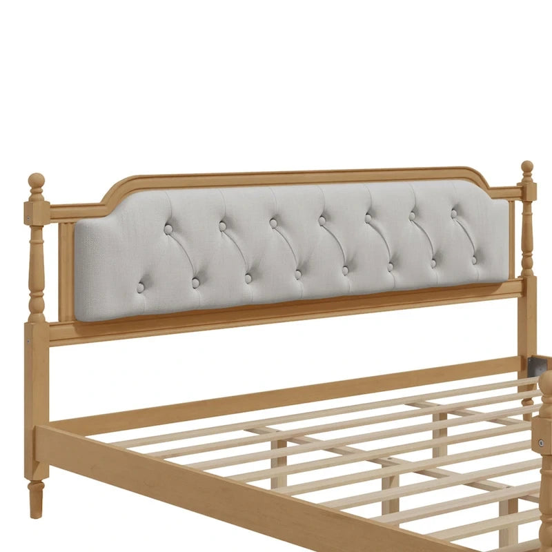 Traditional Style Solid Wood Bed Frame with Upholstered Tufted Headboard,No Box Spring Needed,Full Size, Antique Walnut