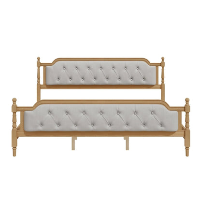 Traditional Style Solid Wood Bed Frame with Upholstered Tufted Headboard,No Box Spring Needed,Full Size, Antique Walnut