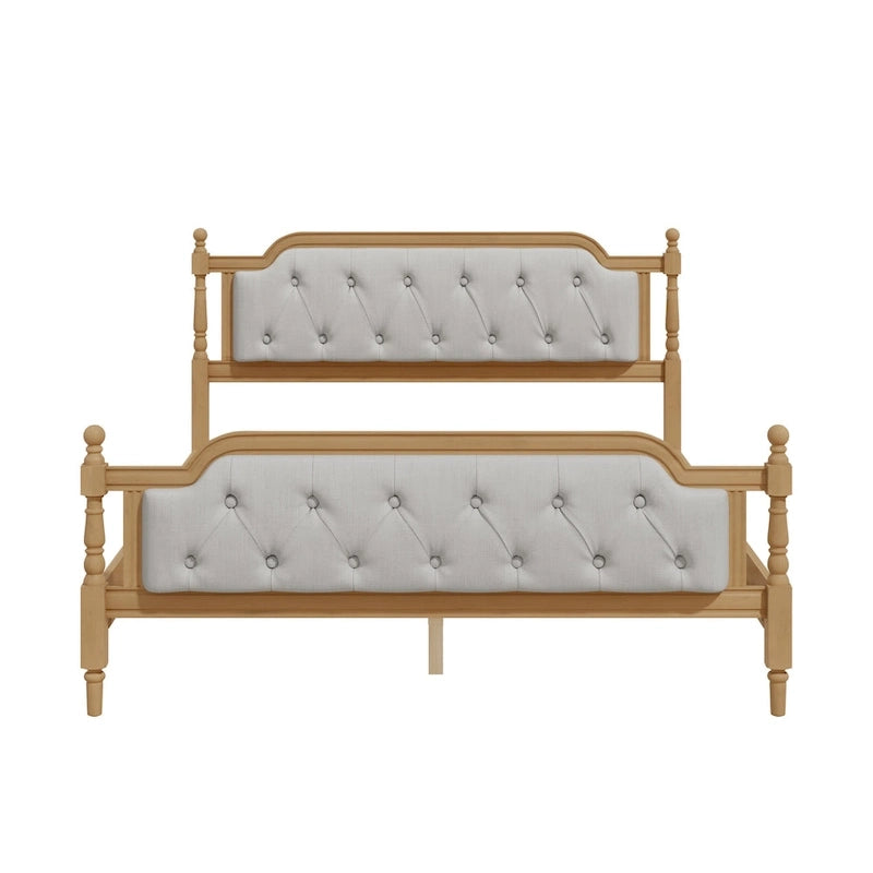 Traditional Style Solid Wood Bed Frame with Upholstered Tufted Headboard,No Box Spring Needed,Full Size, Antique Walnut
