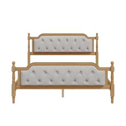 Traditional Style Solid Wood Bed Frame with Upholstered Tufted Headboard,No Box Spring Needed,Full Size, Antique Walnut