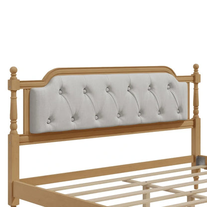 Traditional Style Solid Wood Bed Frame with Upholstered Tufted Headboard,No Box Spring Needed,Full Size, Antique Walnut