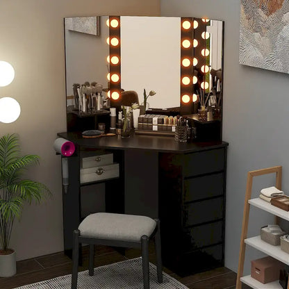 Costway Corner Vanity Desk Cosmetic Vanity Station with LED Mirror,& - See Details