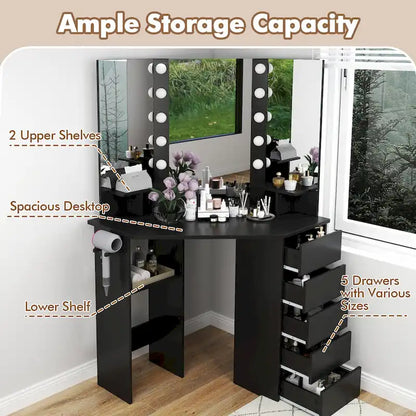 Costway Corner Vanity Desk Cosmetic Vanity Station with LED Mirror,& - See Details