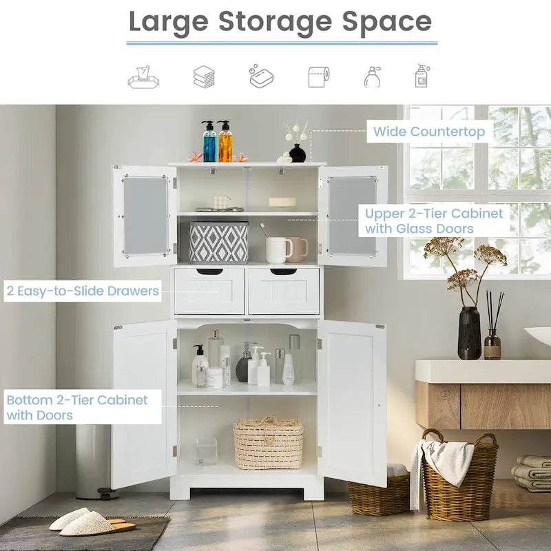 Costway Bathroom Floor Storage Cabinet Kitchen Cupboard with 2 Drawers