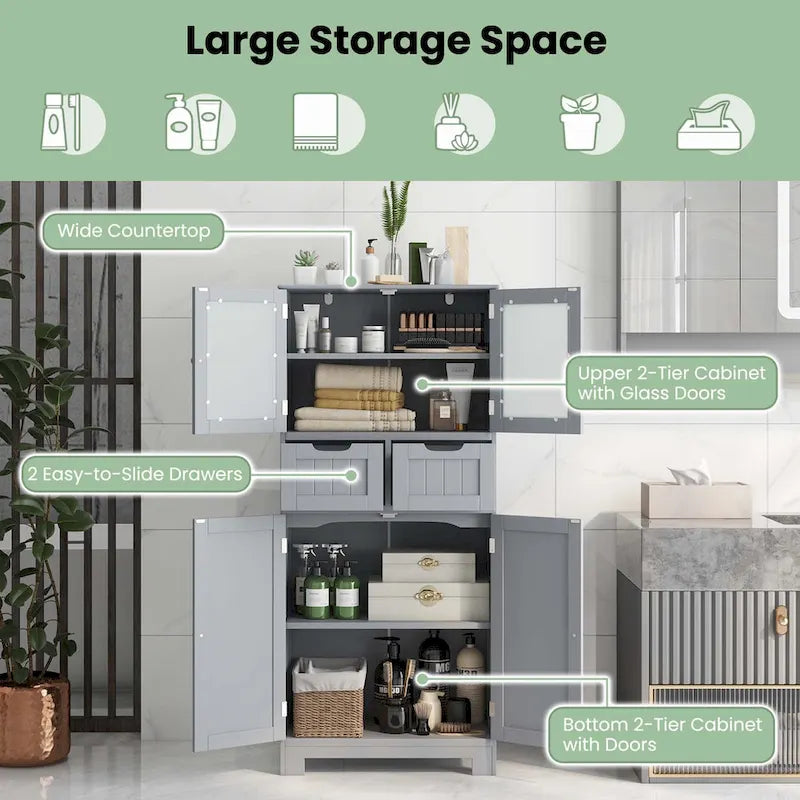 Costway Bathroom Floor Storage Cabinet Kitchen Cupboard with 2 Drawers