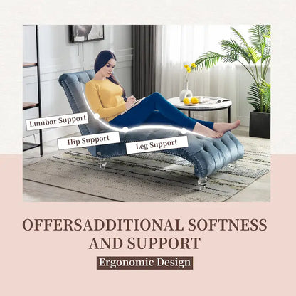 Velvet Tufted Chaise Lounge Chair Ergonomic S Shape Recliner with Pillow, Nailhead Trim and Acrylic Legs for Indoor Use