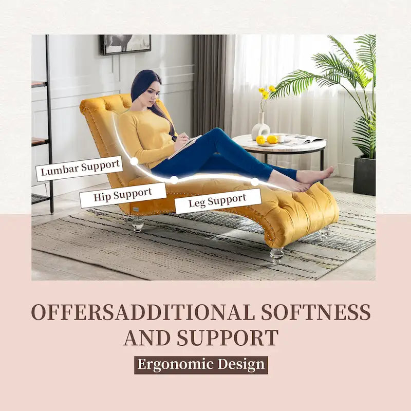 Velvet Tufted Chaise Lounge Chair Ergonomic S Shape Recliner with Pillow, Nailhead Trim and Acrylic Legs for Indoor Use
