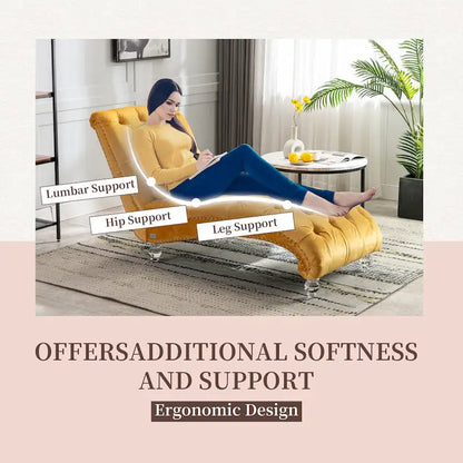 Velvet Tufted Chaise Lounge Chair Ergonomic S Shape Recliner with Pillow, Nailhead Trim and Acrylic Legs for Indoor Use