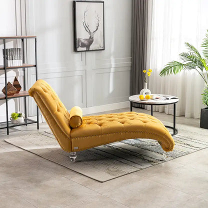 Velvet Tufted Chaise Lounge Chair Ergonomic S Shape Recliner with Pillow, Nailhead Trim and Acrylic Legs for Indoor Use