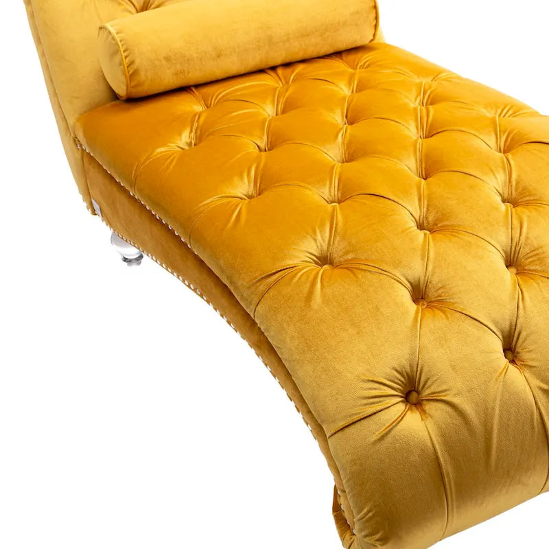 Velvet Tufted Chaise Lounge Chair Ergonomic S Shape Recliner with Pillow, Nailhead Trim and Acrylic Legs for Indoor Use