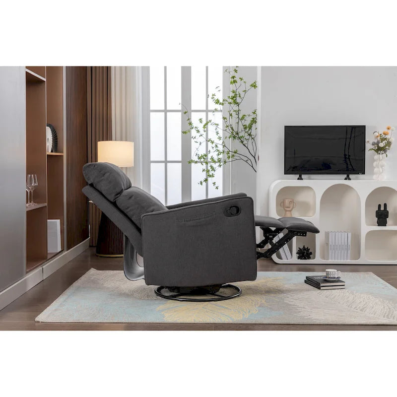 Cotton Linen Fabric Swivel Rocking Chair Glider Rocker Recliner Nursery Chair with Adjustable Back and Footrest
