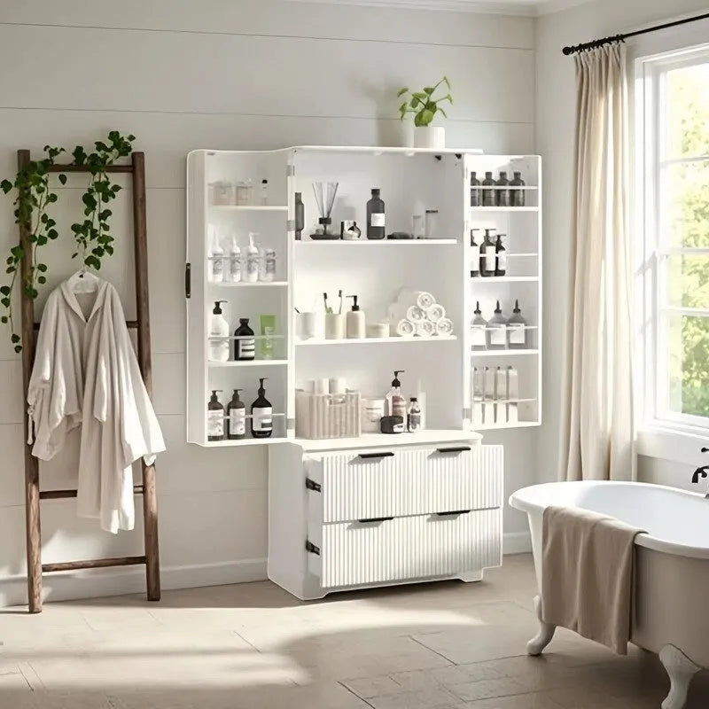 Farmhouse Bathroom Storage Cabinet with 2 Large Drawers, 8-Door storage Rack & 3 Shelves