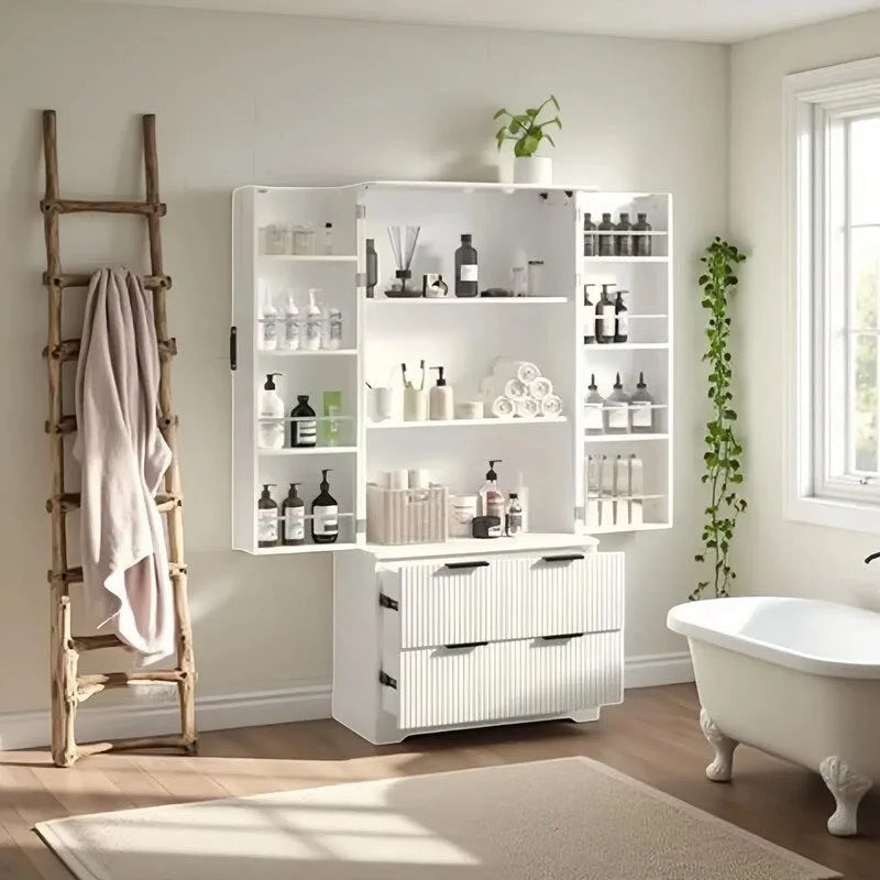 Farmhouse Bathroom Storage Cabinet with 2 Large Drawers, 8-Door storage Rack & 3 Shelves