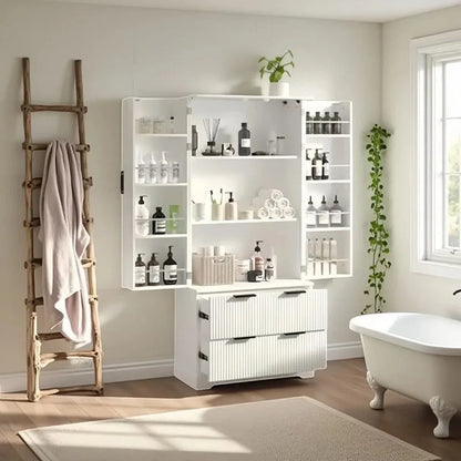 Farmhouse Bathroom Storage Cabinet with 2 Large Drawers, 8-Door storage Rack & 3 Shelves