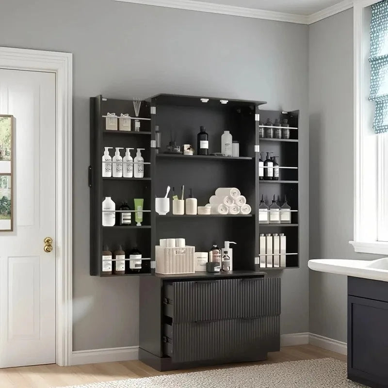 Farmhouse Bathroom Storage Cabinet with 2 Large Drawers, 8-Door storage Rack & 3 Shelves