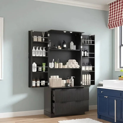 Farmhouse Bathroom Storage Cabinet with 2 Large Drawers, 8-Door storage Rack & 3 Shelves