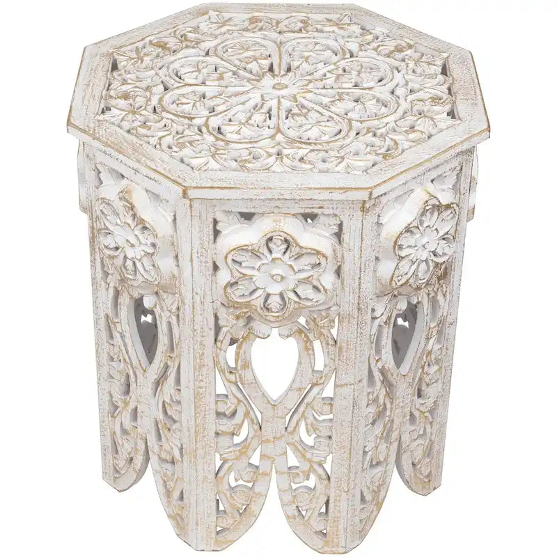 18 Antique White and Brushed Gold Carved Octagonal Side Table