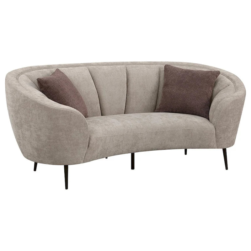 Zui Curved Loveseat, 84 Inch Beige, Round Design, 2 Accent Pillows