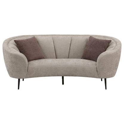 Zui Curved Loveseat, 84 Inch Beige, Round Design, 2 Accent Pillows