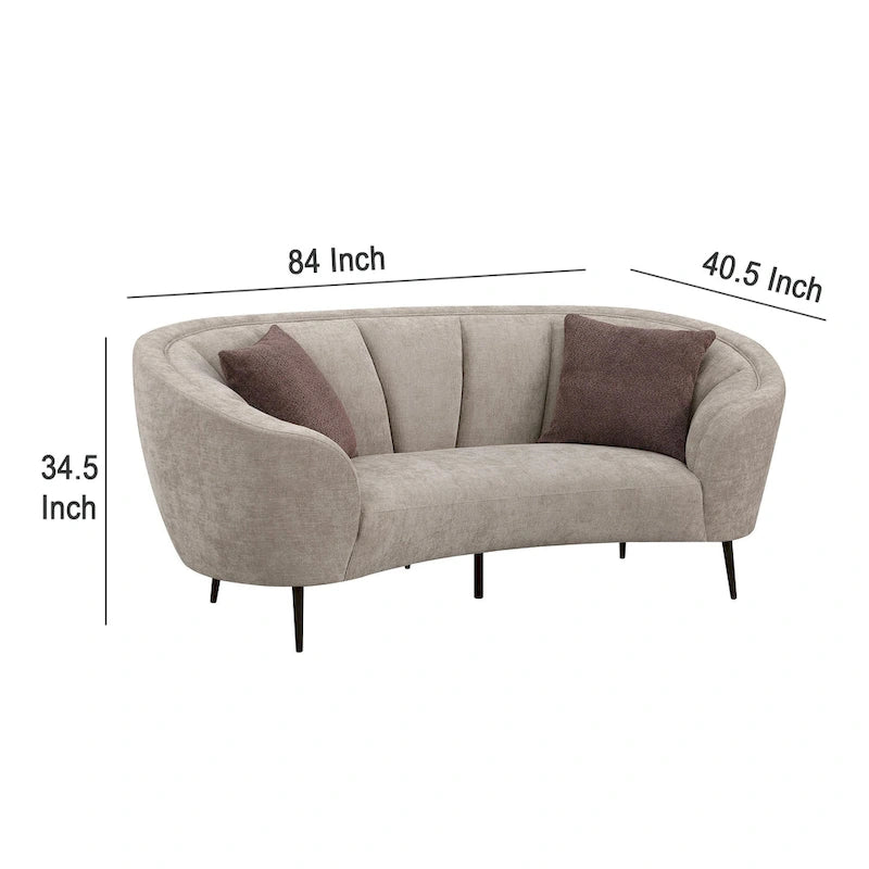 Zui Curved Loveseat, 84 Inch Beige, Round Design, 2 Accent Pillows