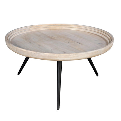 Urban Chic Coffee Table 30 Inch Round Tray Top, Handcrafted Washed White Mango Wood