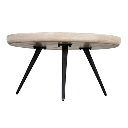 Urban Chic Coffee Table 30 Inch Round Tray Top, Handcrafted Washed White Mango Wood
