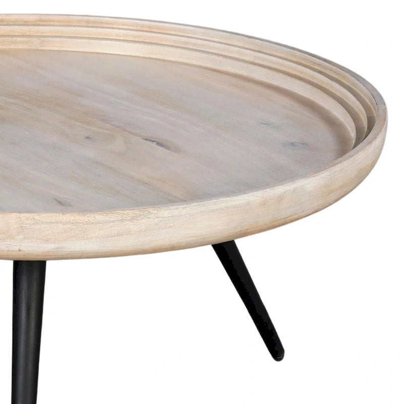 Urban Chic Coffee Table 30 Inch Round Tray Top, Handcrafted Washed White Mango Wood
