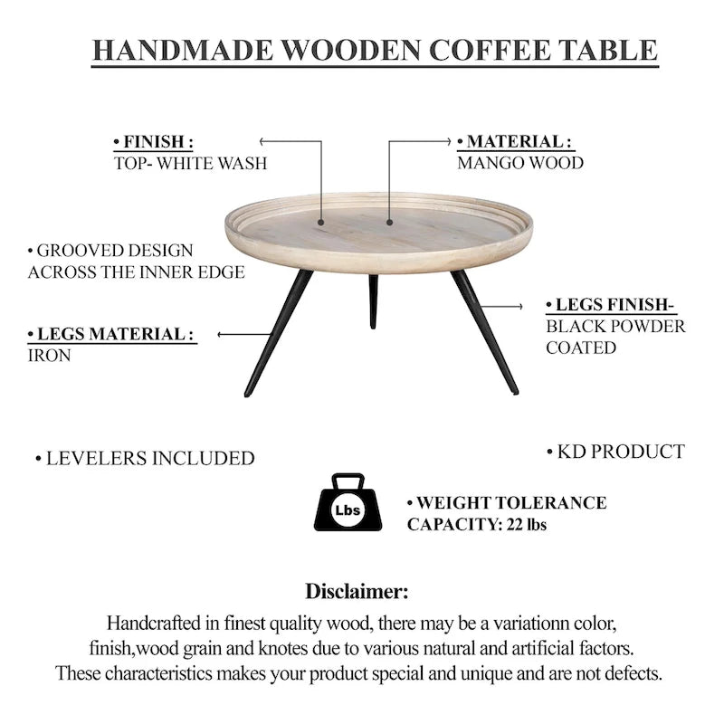 Urban Chic Coffee Table 30 Inch Round Tray Top, Handcrafted Washed White Mango Wood