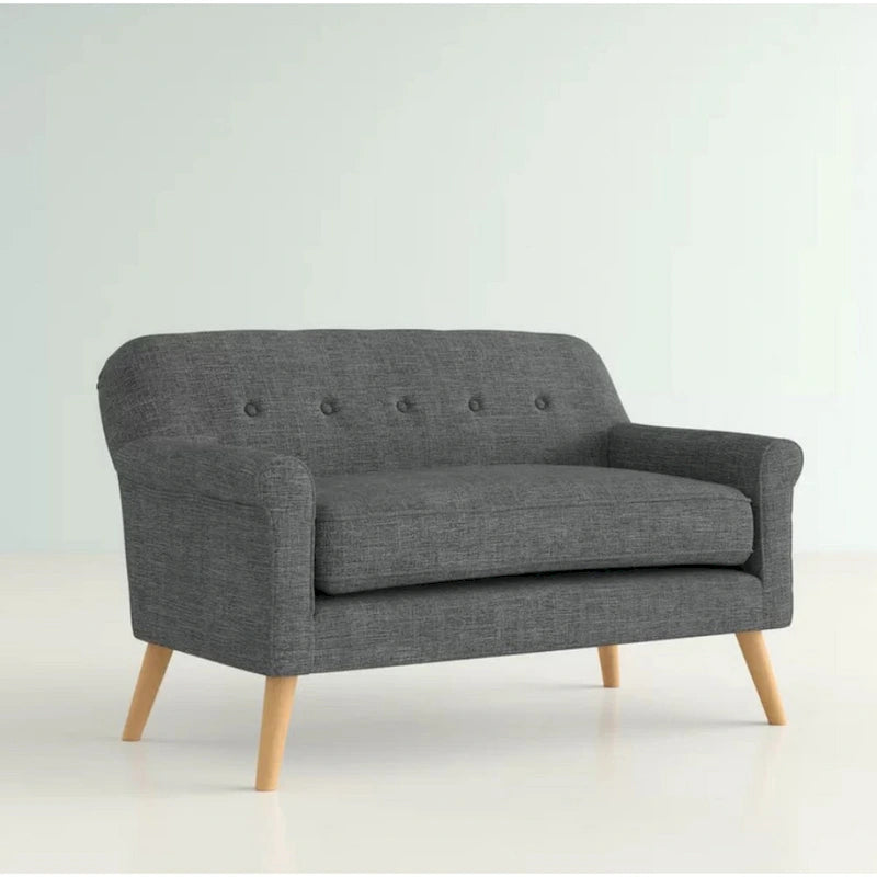 Loveseat, 50 Inch Smooth Tufted Gray Polyester, Natural Brown Wood