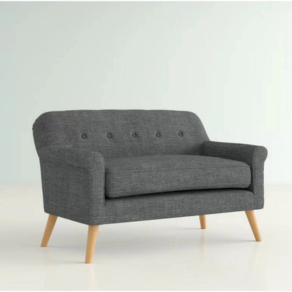 Loveseat, 50 Inch Smooth Tufted Gray Polyester, Natural Brown Wood