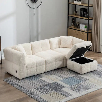 Roomfitters Cozy Teddy Fleece Fabric Sectional Sofa with USB Ports, Movable Storage Ottoman, and Two Lumbar Pillows