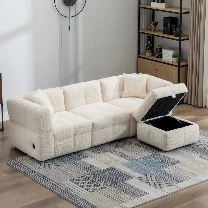 Roomfitters Cozy Teddy Fleece Fabric Sectional Sofa with USB Ports, Movable Storage Ottoman, and Two Lumbar Pillows