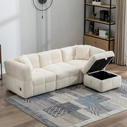 Roomfitters Cozy Teddy Fleece Fabric Sectional Sofa with USB Ports, Movable Storage Ottoman, and Two Lumbar Pillows