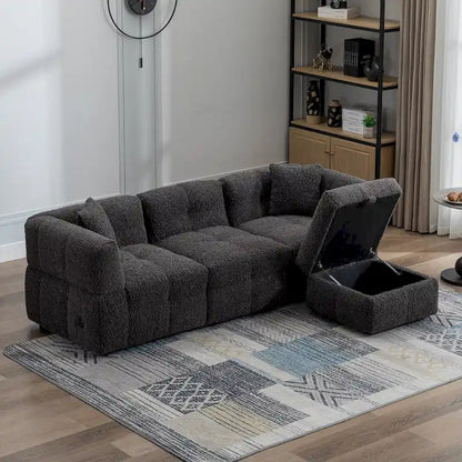 Roomfitters Cozy Teddy Fleece Fabric Sectional Sofa with USB Ports, Movable Storage Ottoman, and Two Lumbar Pillows