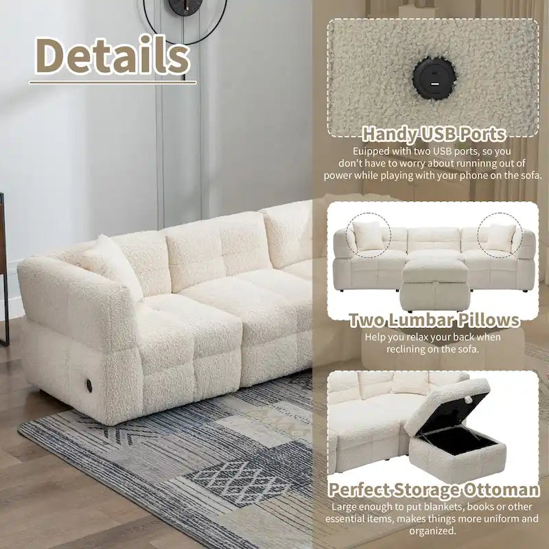 Roomfitters Cozy Teddy Fleece Fabric Sectional Sofa with USB Ports, Movable Storage Ottoman, and Two Lumbar Pillows
