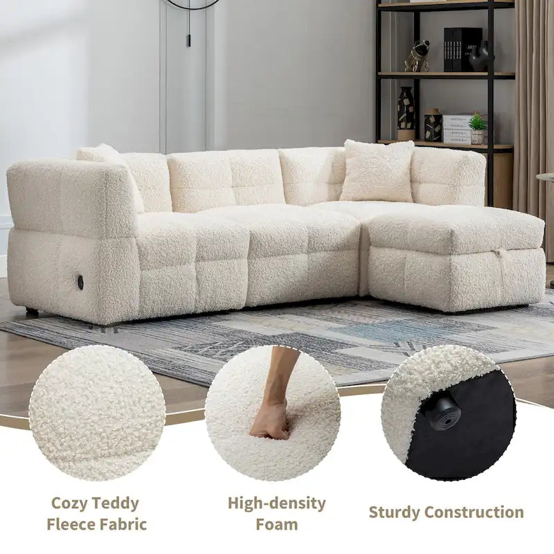 Roomfitters Cozy Teddy Fleece Fabric Sectional Sofa with USB Ports, Movable Storage Ottoman, and Two Lumbar Pillows