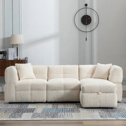 Roomfitters Cozy Teddy Fleece Fabric Sectional Sofa with USB Ports, Movable Storage Ottoman, and Two Lumbar Pillows