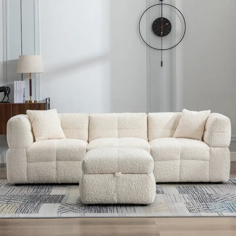 Roomfitters Cozy Teddy Fleece Fabric Sectional Sofa with USB Ports, Movable Storage Ottoman, and Two Lumbar Pillows