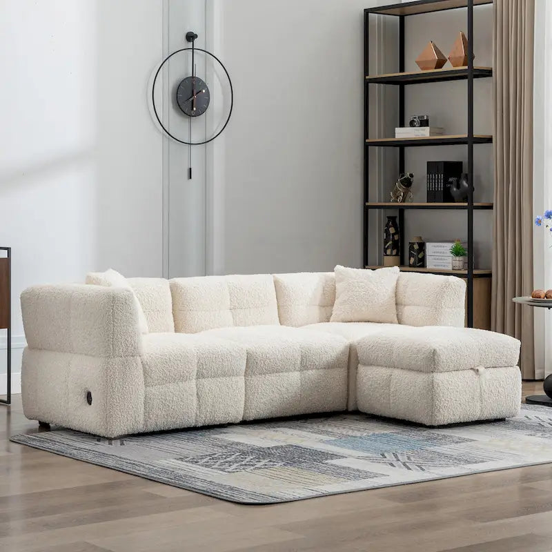 Roomfitters Cozy Teddy Fleece Fabric Sectional Sofa with USB Ports, Movable Storage Ottoman, and Two Lumbar Pillows